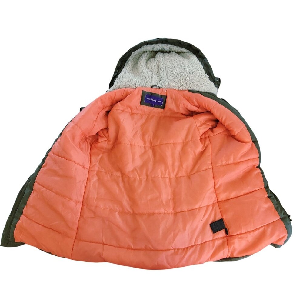 Madden Girl Anorak Olive Green Faux Fur Hooded Jacket L - Picture 4 of 8